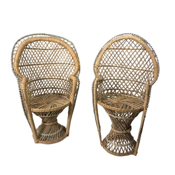 Vintage Wicker Rattan Peacock Chair Plant Stand MINI Furniture Set 15.5"